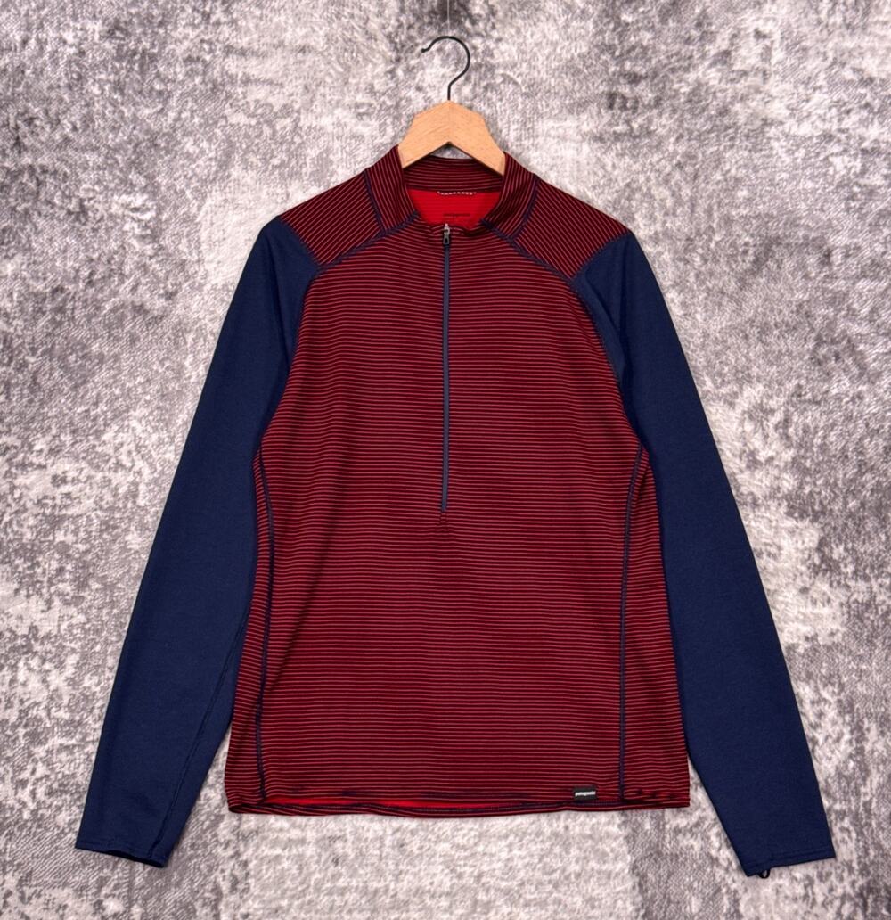 Patagonia Capeline Base Layer Large Mens 1/2 Zip Blue Red Stripe 2 Lightweight